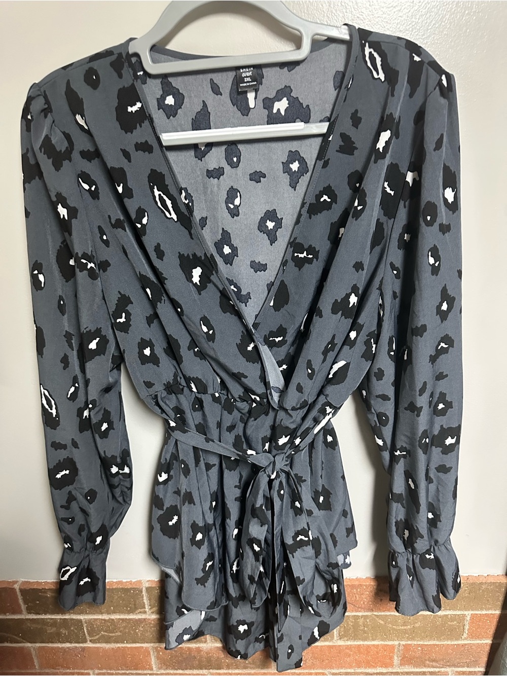 SHEIN Gray Black White Leopard Wrap Blouse